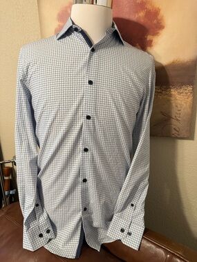 W.T.K | Men's White & Blue Micro-Check Dress Shirt - Size Small